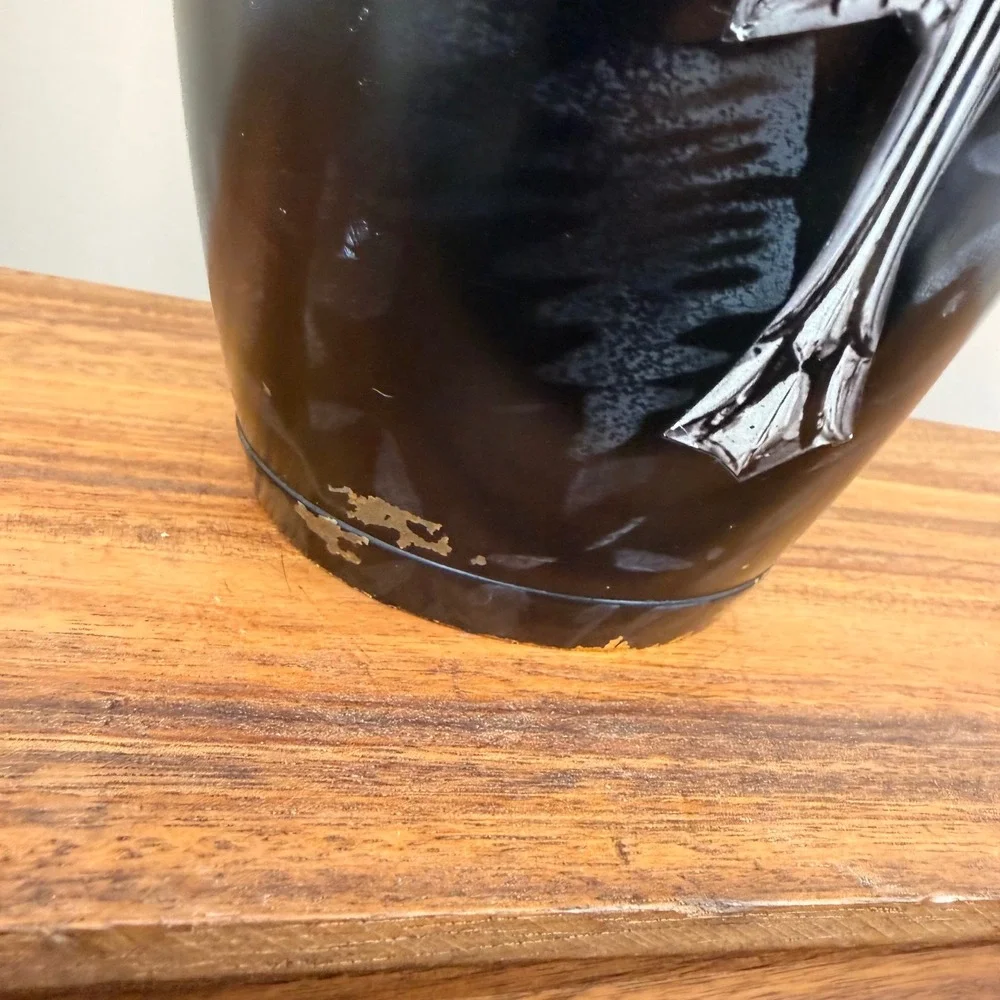 Vintage Black Metal Cremation Urn Silver Cross and Brass Band 12.5in Halloween